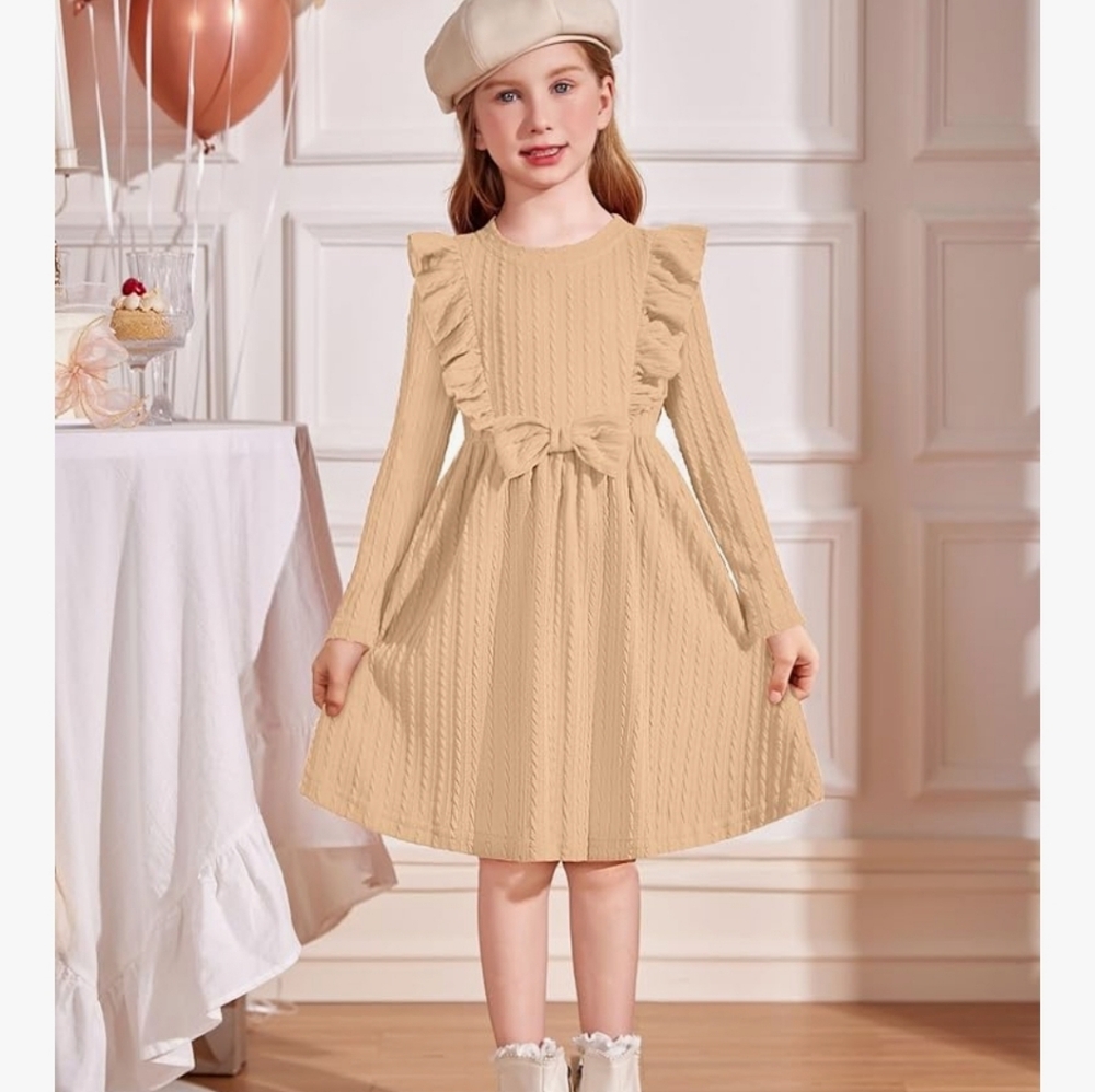 Girls Beige Ruffle Cable-Knit Dress with Bow - Picture 2 of 3